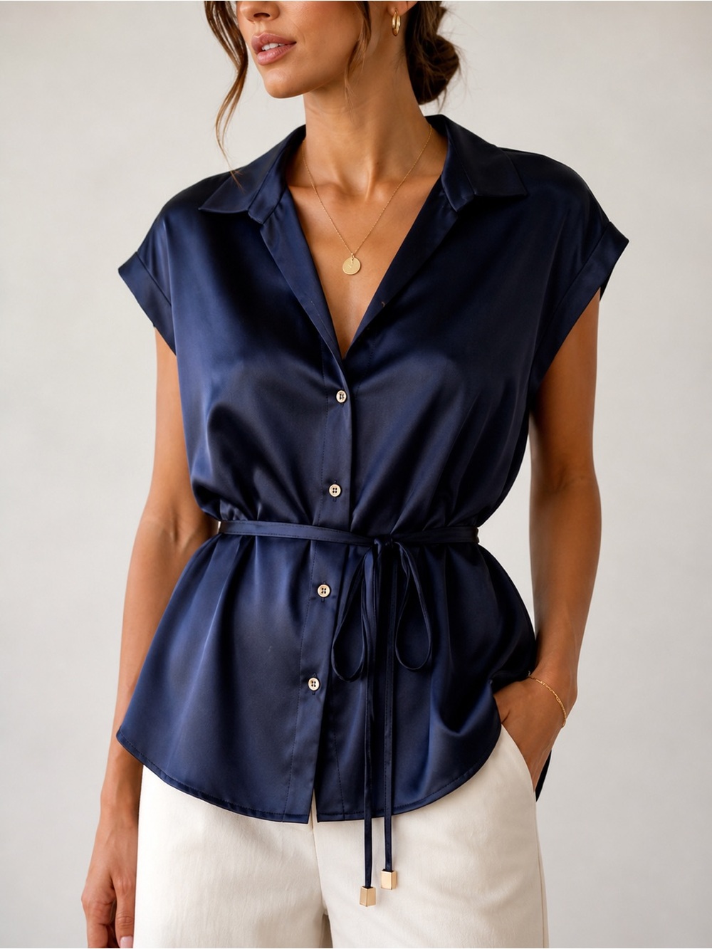 ZARA Satin Navy Blouse Size M Belted Button Front Top NWT Chic Elegant